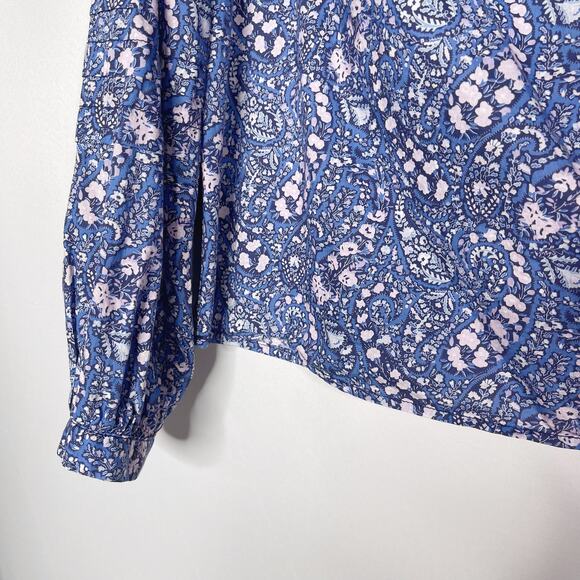 JCrew Women XS Blue Purple Button Front Ruffleneck Popover Liberty Bourton Bloom - Picture 4 of 11